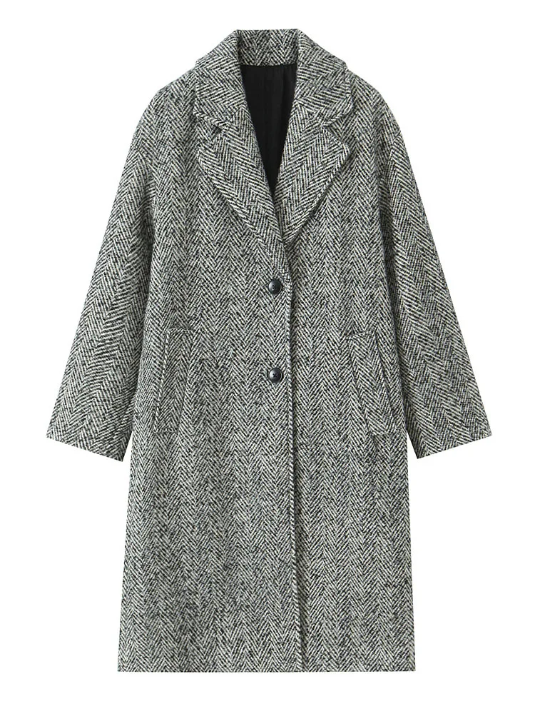 

HH Women Casual Turn-down Collar Long Sleeves Single Breasted Pocket Decoration Mid Length Jacket Female High Street Overcoat