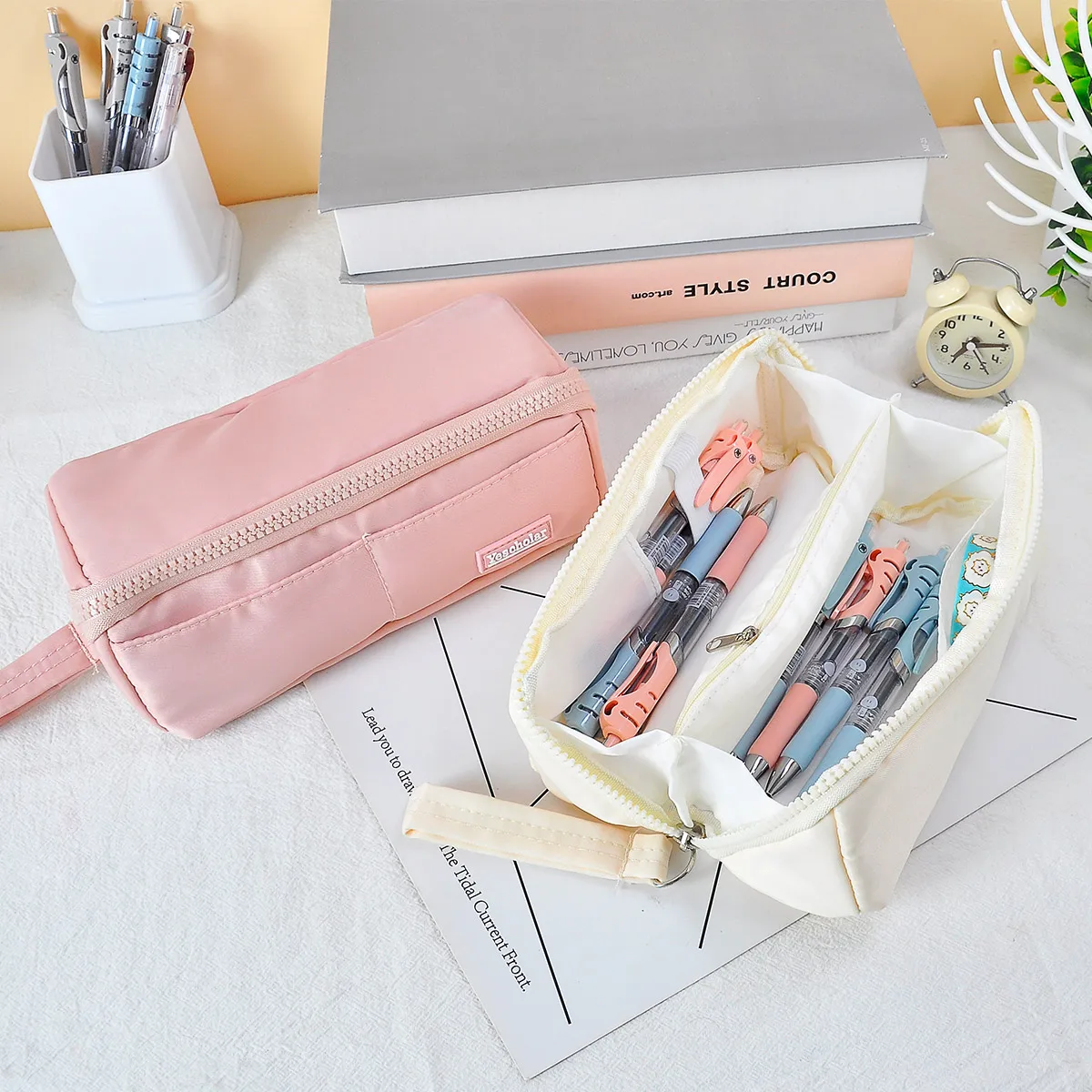 Large Zipper Pencil Case Quilted Soft Large Capacity Pen Bag for School