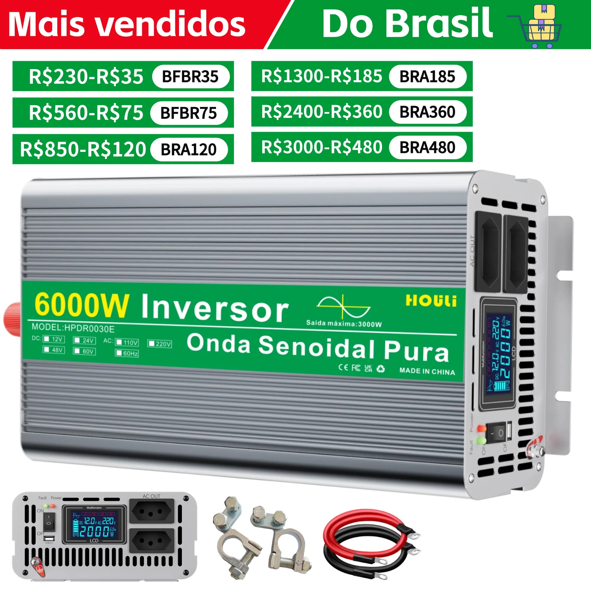 HOULI Inverter 12V 220V Pure Wave 3000W/6000W 2x Brazilian Socket 1X USB for Coche de Camión RV