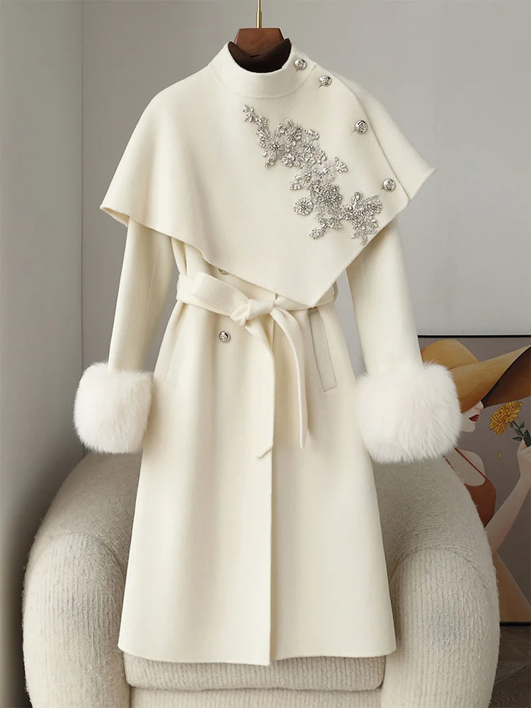 جديد شتاء دافئ النساء السيدات الطبيعية ريال فوكس الفراء معطف Oearl زهرة طويلة الكشمير الصوف سترة صوفية ملابس خارجية رائجة البيع