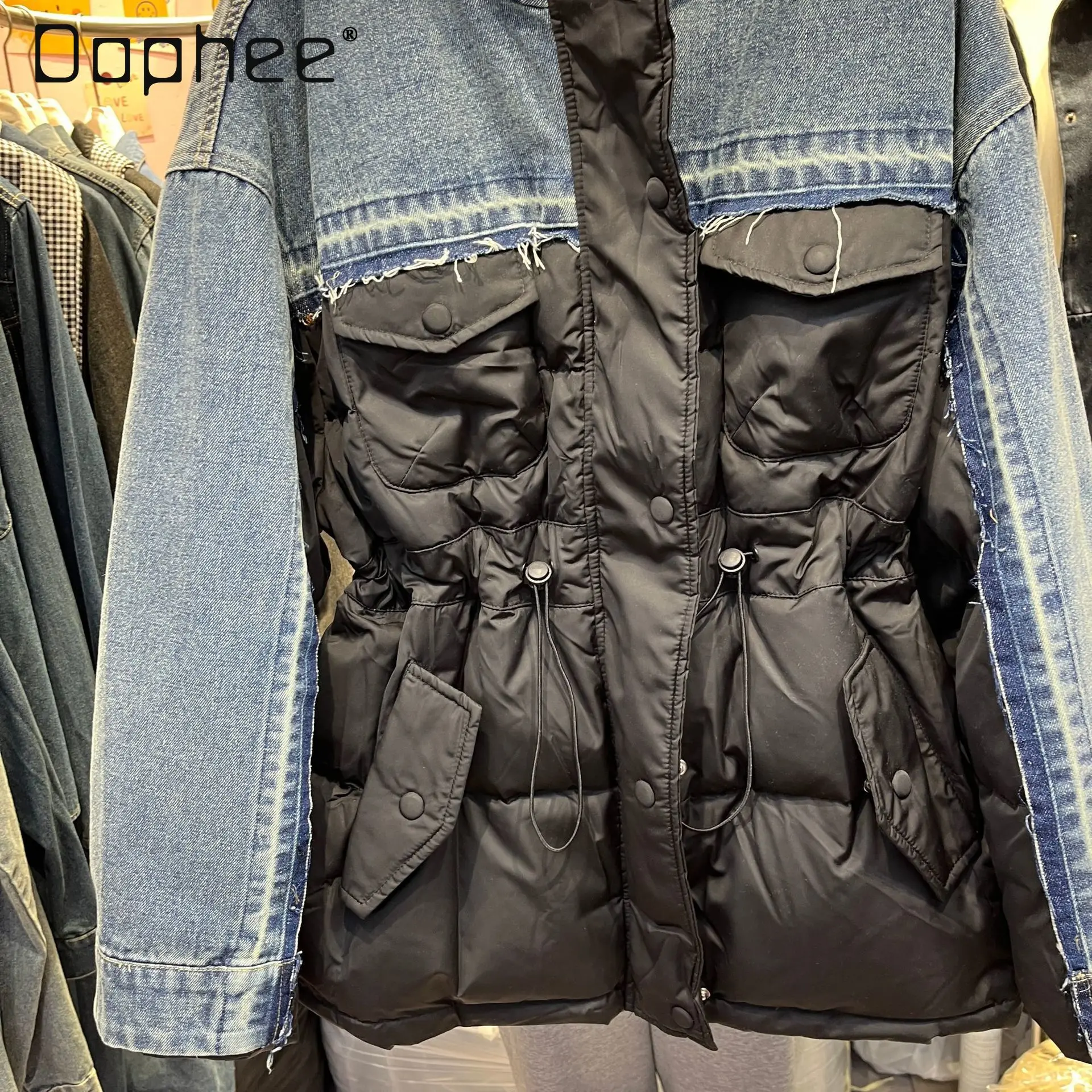 Korean Style Ins Trend High-end Denim Stitching Down Jacket Warm Thickened Coat Winter New Fashion Loose Slimming Coat Women