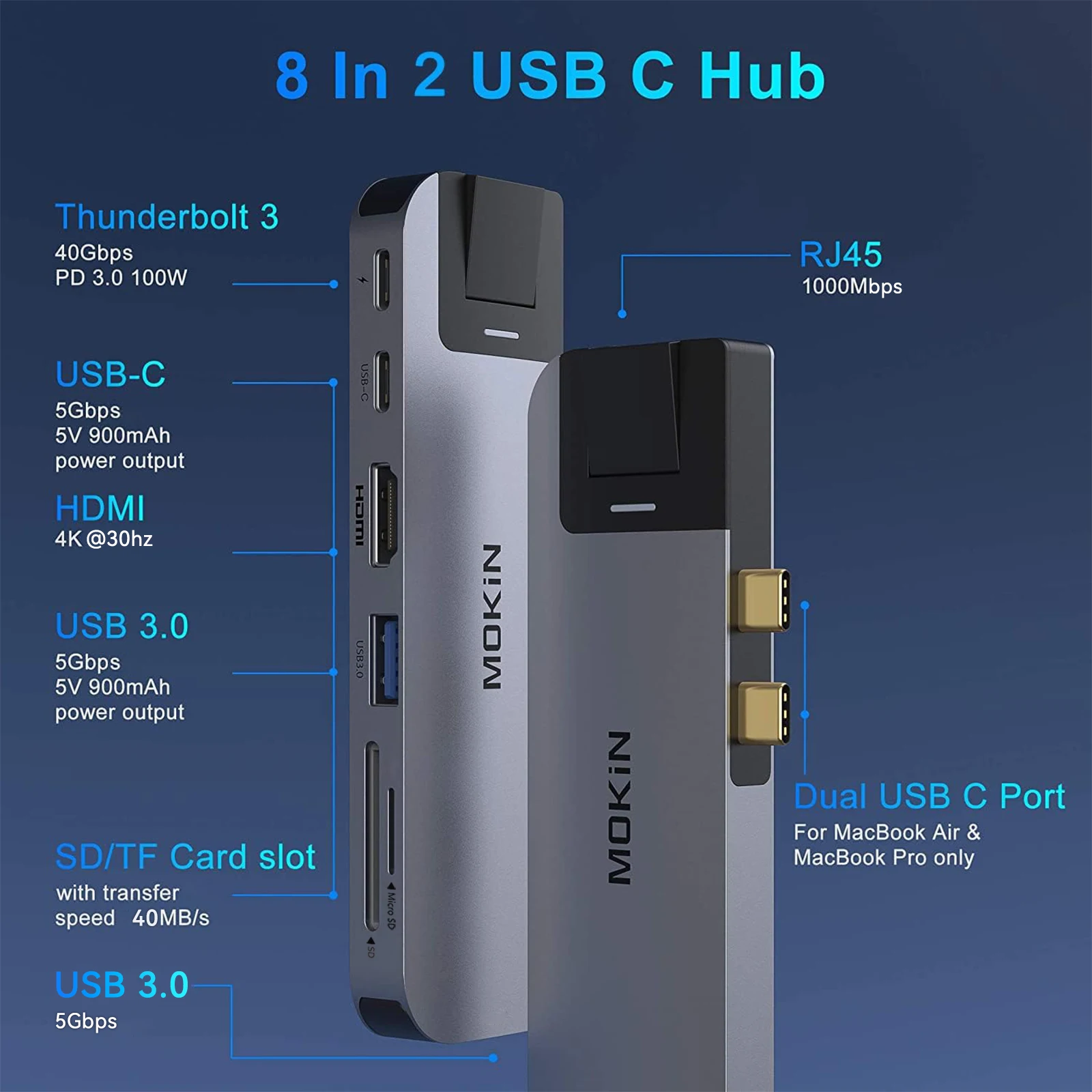 محطة إرساء موكين 8 في 2 USB C Hub USB Type-C 3.0 HDMI 4K30 هرتز RJ45 1Gbps لأجهزة الكمبيوتر المحمول MacBook Air/Pro Thunderbolt