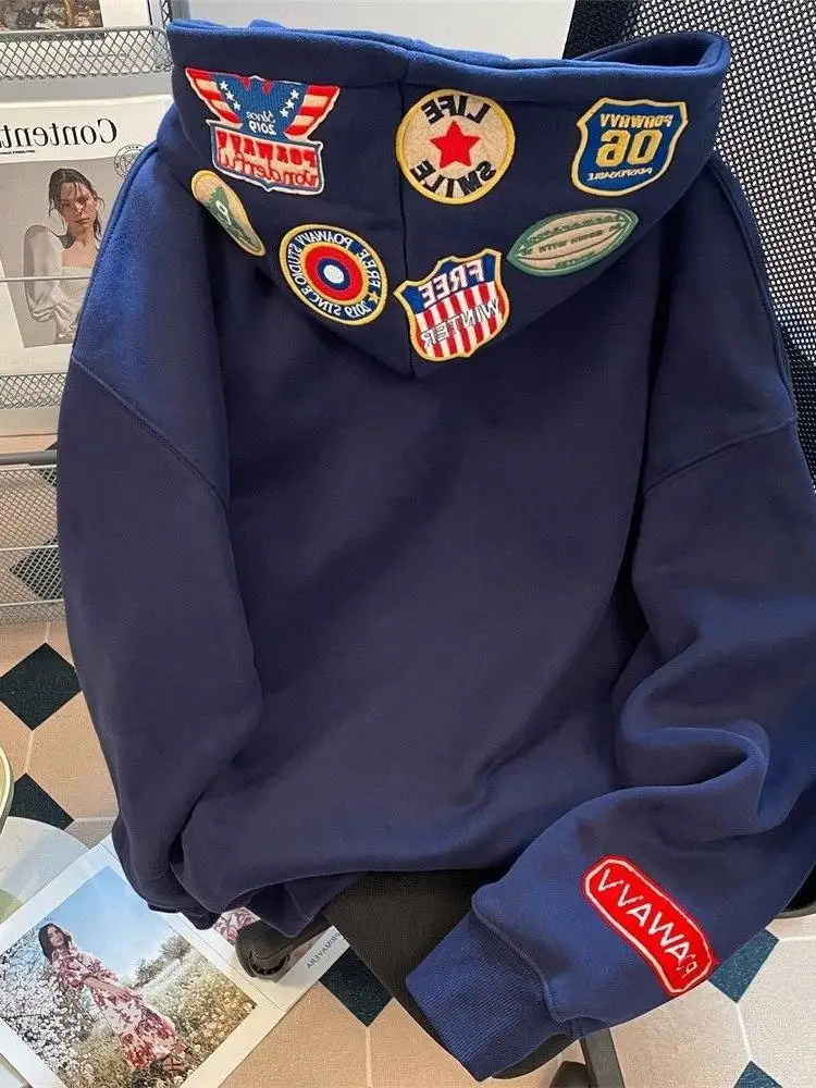 

Heavy Embroidery Hoodie Sweatshirt Casual Commute Large Size Spring Autumn New Style Couple Tops Loose Fit Vintage Style