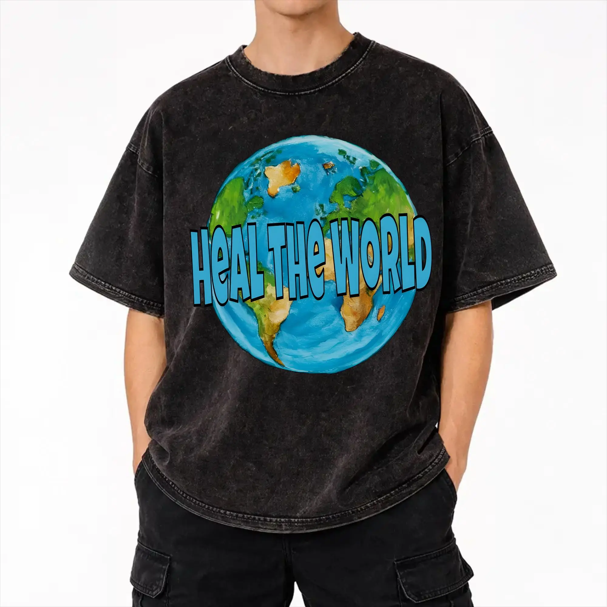 Harajuku Washed Shirt Heal The World MJ Signature michaels jacksons Accessories Vintage T-Shirts Streetwear Short Sleeve