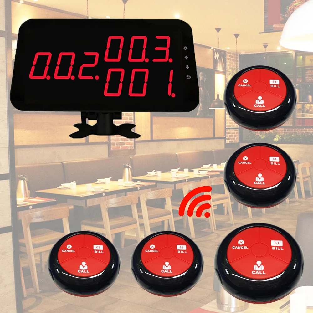 Wireless Restaurant Pager Customers Patient Pager System with 5 Waterproof Call Buttons and 1 Display Receiver For Cafe Hotels