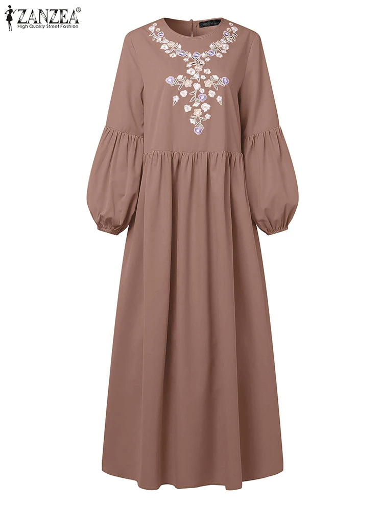 

ZANZEA Modest Lantern Long Sleeve Long Dresses Muslim Islamic Womens Floral Embroidery Abaya Robes Hijab O-Neck Loose Eid Dress