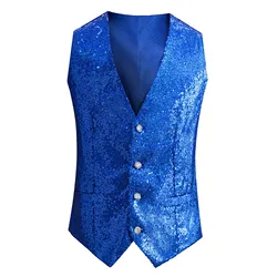 Mens Fashion Sleeveless Sequined Blazer Vest Nightclub DJ Performance Stage Wedding Host Shiny Gold Sequin Bling Glitter Vest