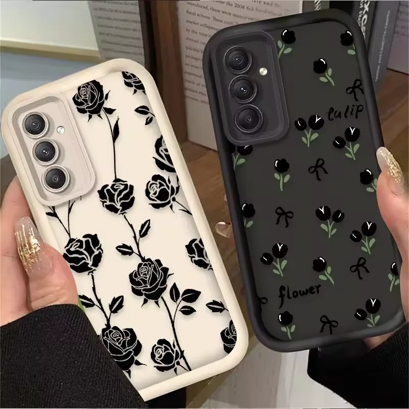 Luxury Cold Hearted Black Flower  Phone Case For Samsung S24ultra 5G A14 15 S21 22 23 A 25 35 52 53 54 55 S24Plus Y2K Phone Case