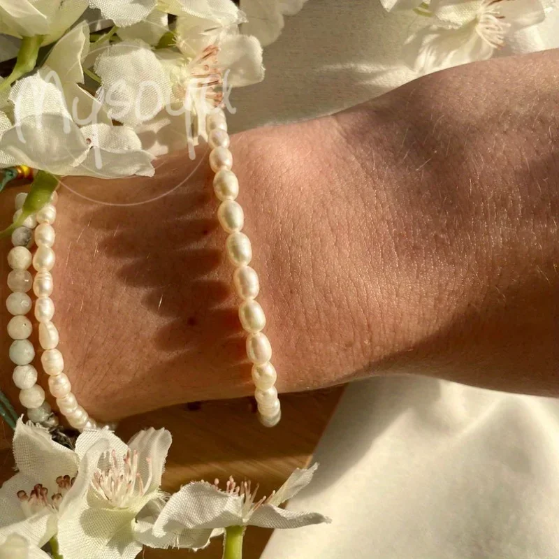 

MYSOYA 4-5 мм браслет из натурального белого риса с пресноводным жемчугом для женщин и мужчин с подарочной коробкой, подарок на свадьбу, день рождения, Рождество