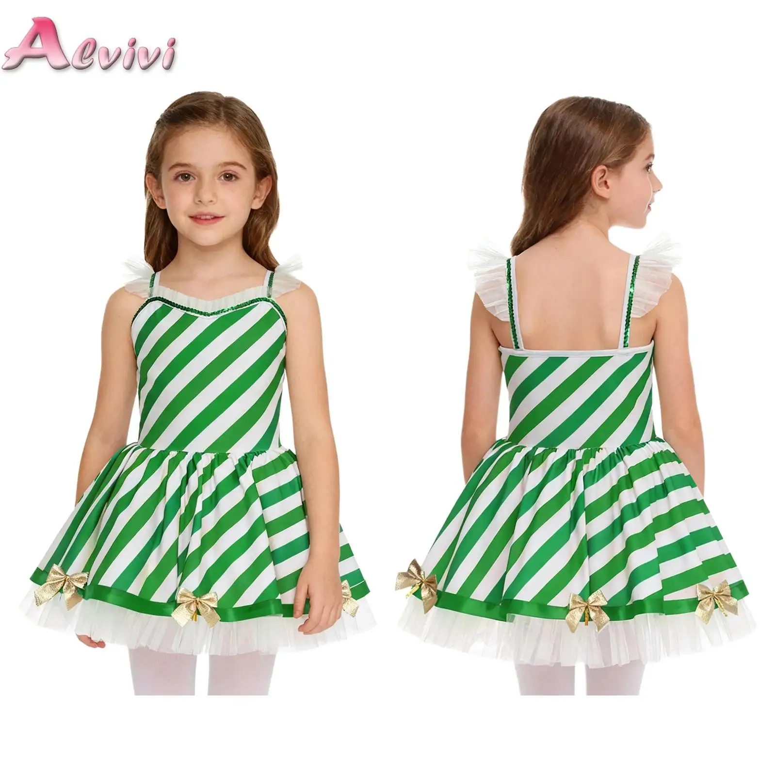 

Kids Girls Christmas Candy Cane Stripe Costumes Ruffled Mesh Bow Decor Skirt Hem Tutu Dress for New Year Theme Party Performance
