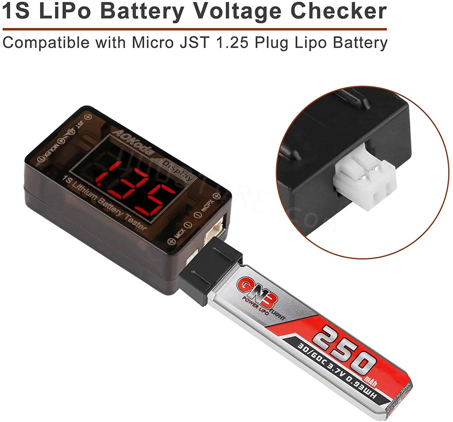 AOKoda AOK-041 1S LiPo Battery Voltage Checker Tester with Micro JST 1.25 JST-PH 2.0 Micro Losi and JST Connector for Tiny Drone