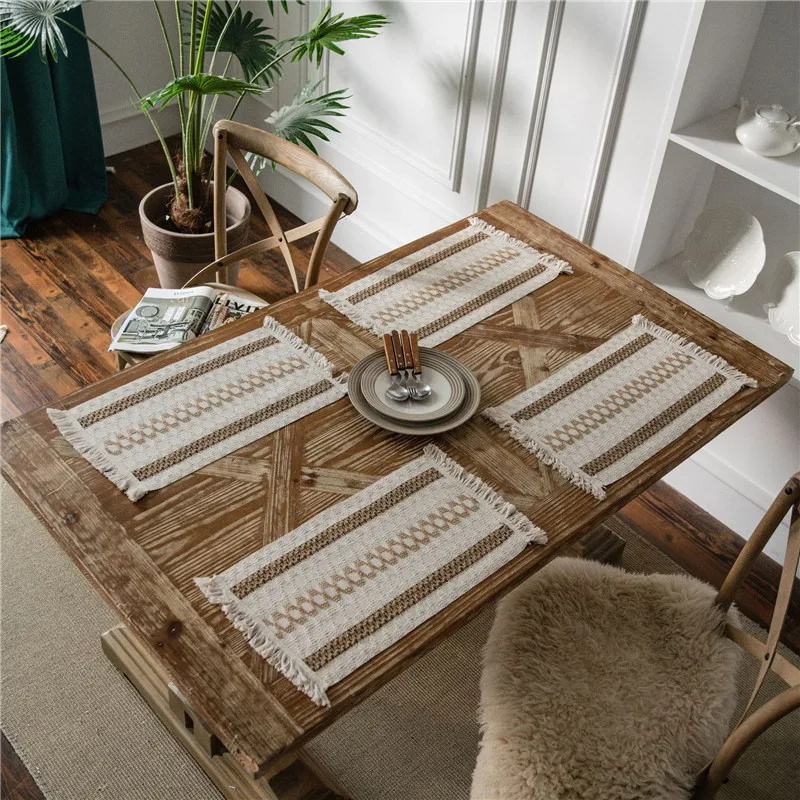 Cotton Linen Table Runners Tassel Runner for Dining Table Decoration Striped Splicing Modern Elegant New Year 2024 Table Track