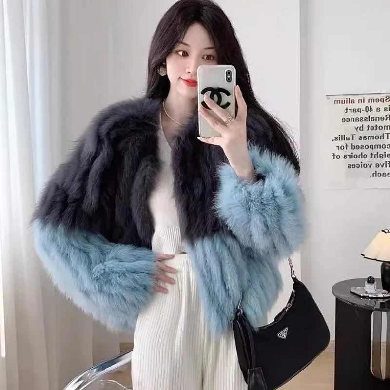 Design sense: Raccoon fur double-sided woven fur coat, women's high waisted short contrasting color fur coats