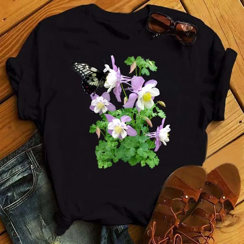 Beautiful Purple Columbine Flower Black Butterfly Botanical Print Women T-Shirt Short Sleeve Crew Neck Nature Garden Casual Stre