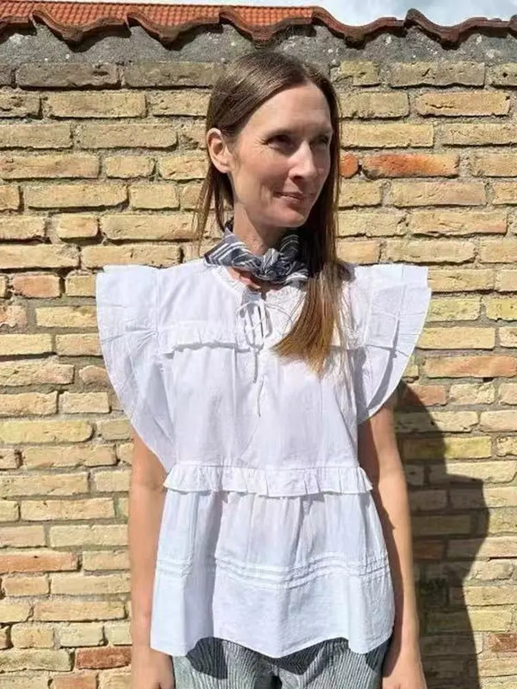 Pure Color Double Layer Fly Sleeve Earlet Collar Cheeky Belted Top Women's Cotton H-Shape Vest Short Length Summer 2026