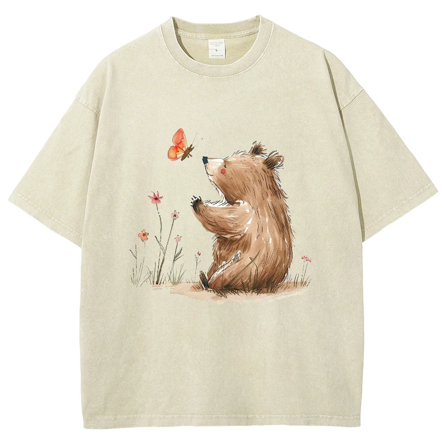 Cute Animal Patterns T-shirt Harajuku Casual Washed T-Shirts New Vintage Snowflake O-Neck Fashion Loose Tops Female Clothes