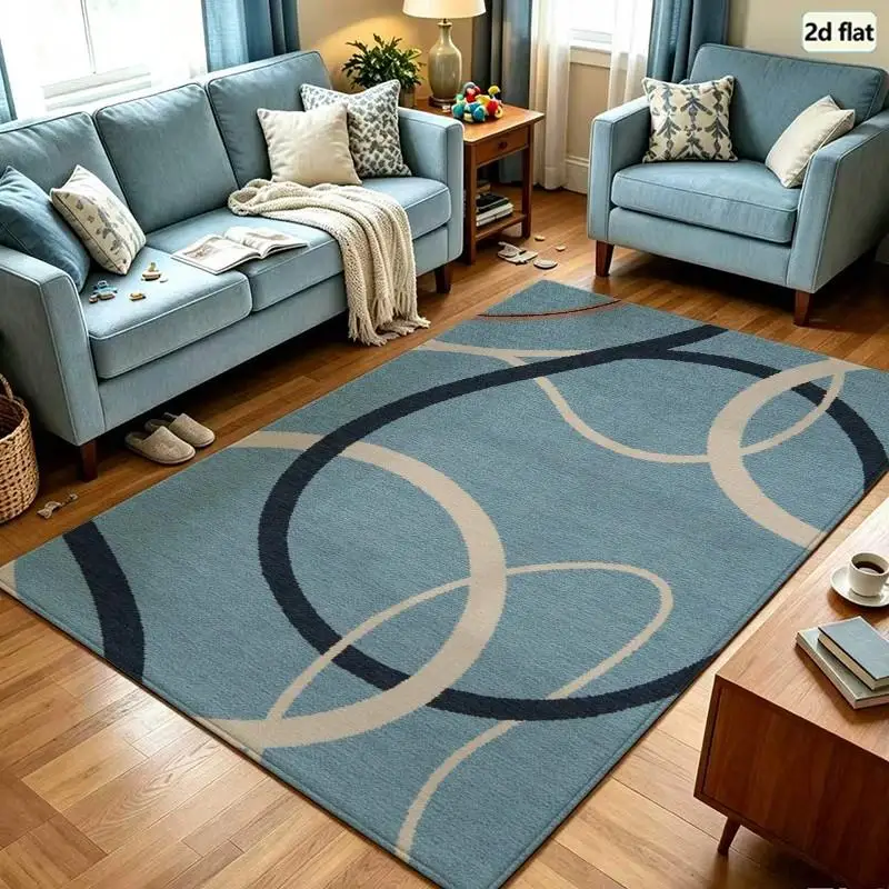1PC Light Blue Interlocking Circles Area Rug Room Decor For Farmhouse Entryway Rug Home Decor Living Room Small Washable Rug Coastal Rugs Porch Playroom Hallway Laundry