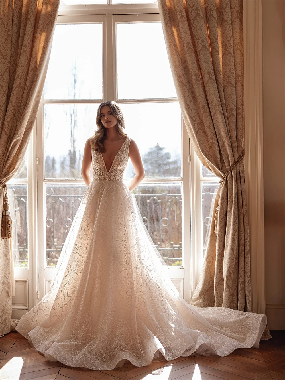 فستان زفاف أورجانزا مثير عاجي مخصص رسمي على شكل حرف v بدون أكمام رداء de mariée حالمة على شكل حرف a ذيل محكمة فيستدو دي نوفيا #2