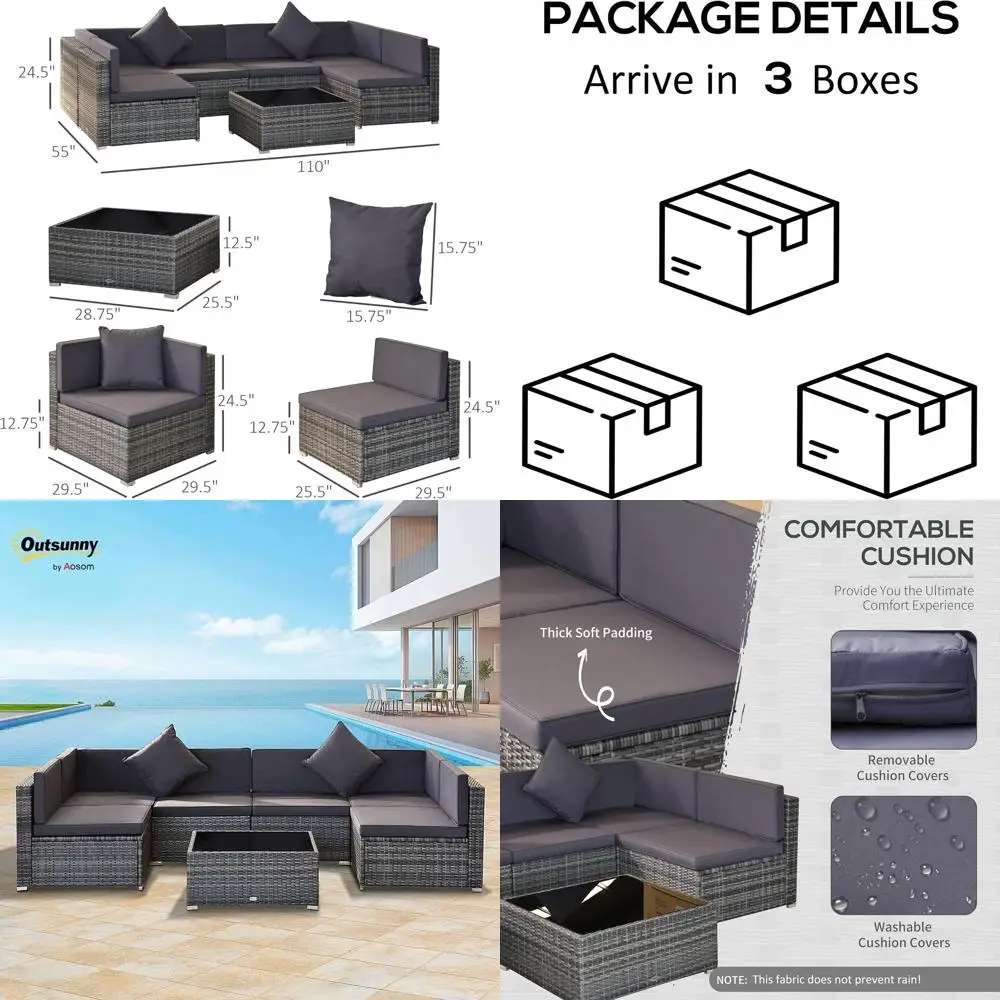 All-Weather Grey PE Rattan Outdoor Patio Sectional Sofa Set with Cushions and Tempered Glass Top