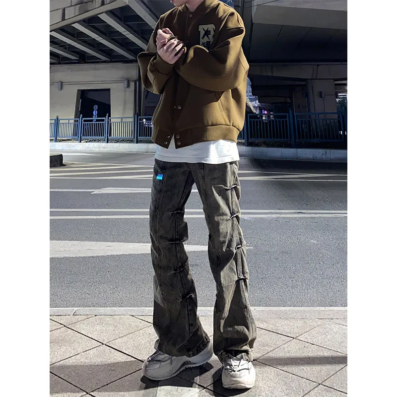 

Американские джинсовые джинсы в стиле ретро, мужские осенне-зимние сложенные брюки Sensation, маленькие расклешенные брюки с завышенной талией, крутые уличные брюки