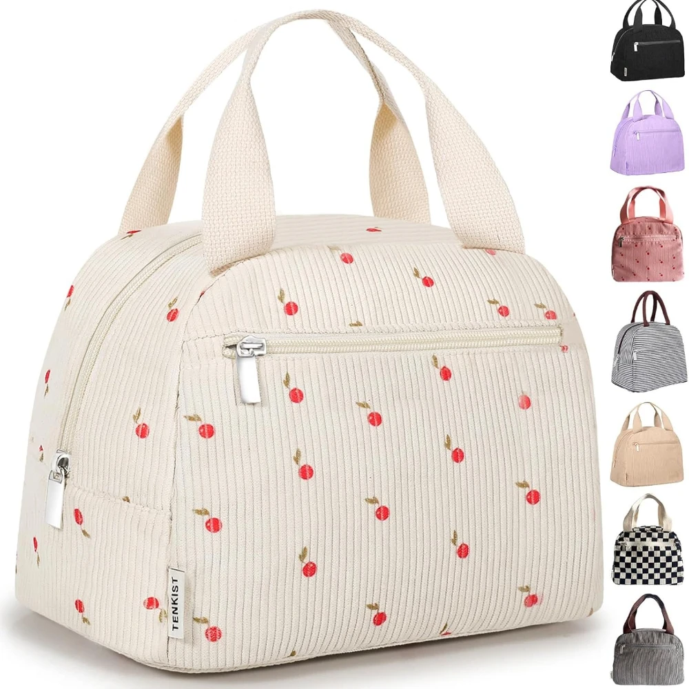 

Corduroy Insulated Cooler Bags for Women - Lightweight Reusable Portable Soft Lunch Pail Kit for Kids Teen Girl Adults