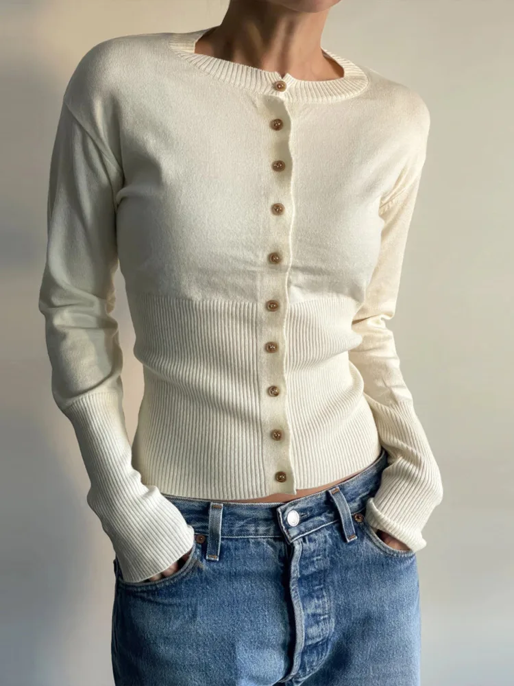 

Oniflyme Autumn Single-Breasted Cardigan Sweater Women Basic Round Neck Long Sleeve Knitted Top Casual Streetwear Female Sweater