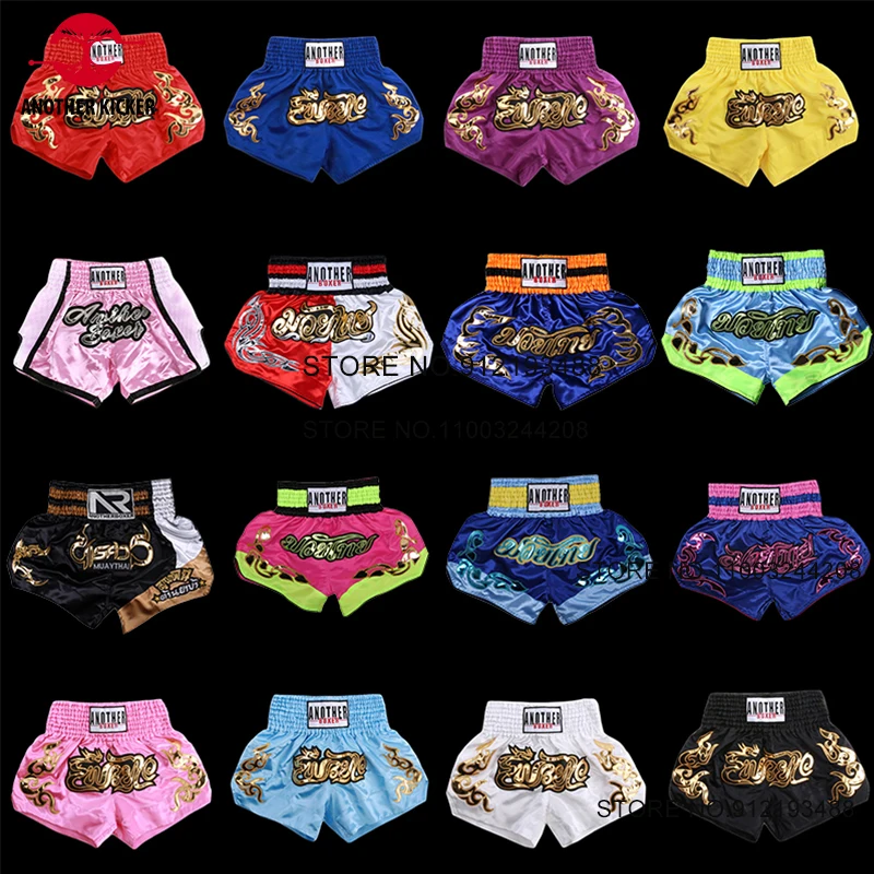 Muay Thai Shorts Men Women Child Boxing Training Pants Embroidery Satin Polyester Martial Arts Grappling Kickboxing Fight Wear