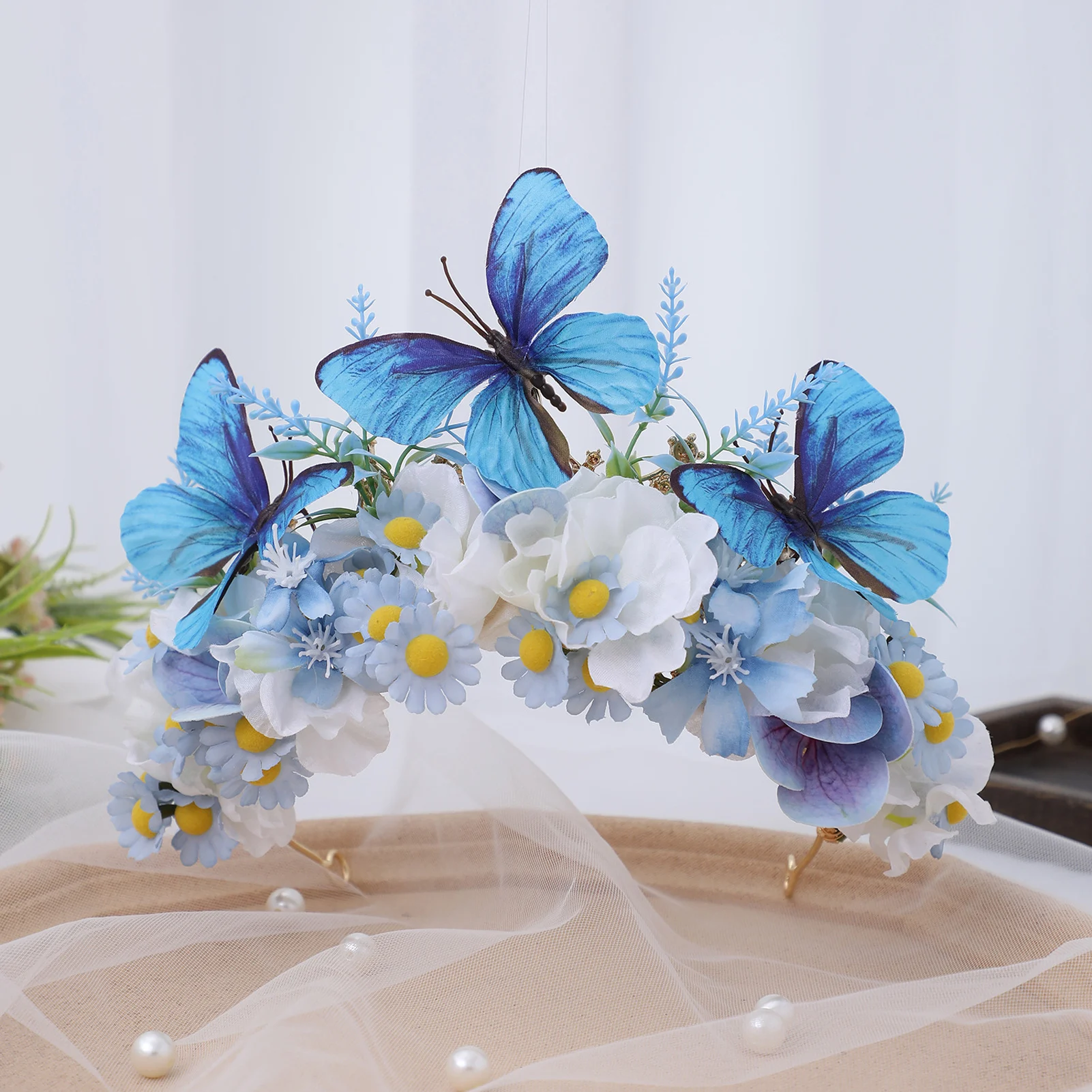 

Sweety Romantic Flower Crown For Women Chinese Flower Arrangement Gauze Flower Crown Creative Innovate Floral Hair Accessories
