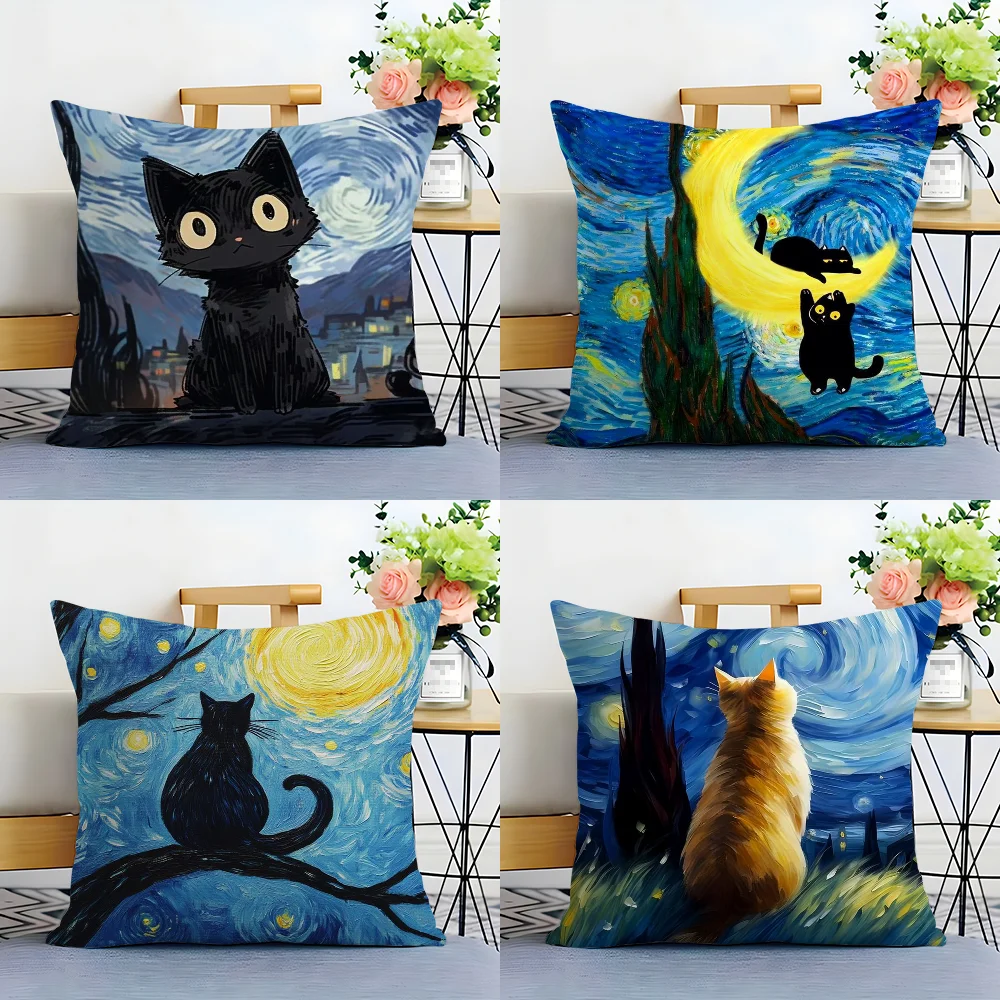 Van Gogh Starry Sky Kawaii Cat Pillow Case Plush Fabric Soft  Pillowcase Double Sided Print Cushion Cover Household Gifts