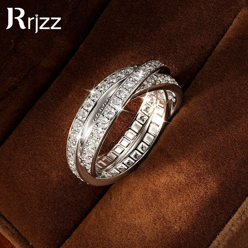 Anel Eterno de Luxo Leve Rrjzz com Moissanite Completo para Mulheres, Anel Cruzado de Três Camadas com Diamante de Laboratório Cor D, Presentes de Joias de Aniversário