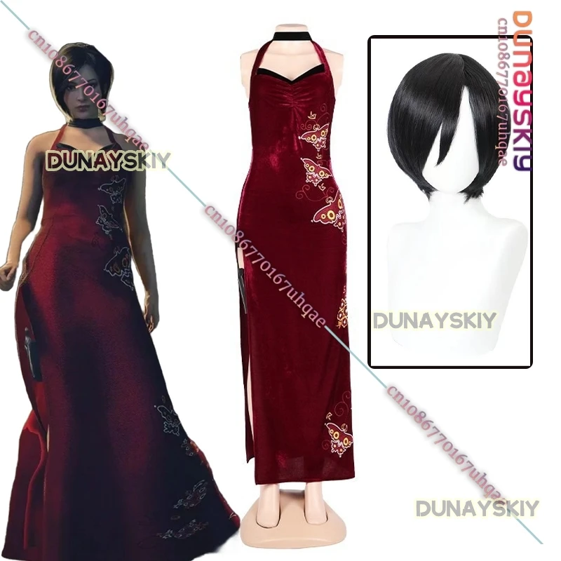 หญิง Resident 4 Ada Wong คอสเพลย์เครื่องแต่งกายสีแดง Cheongsam ชุดวิกผมสีดําชุด 2025 อะนิเมะ/ฮาโลวีน Carnival ชุดผู้หญิงหญิง