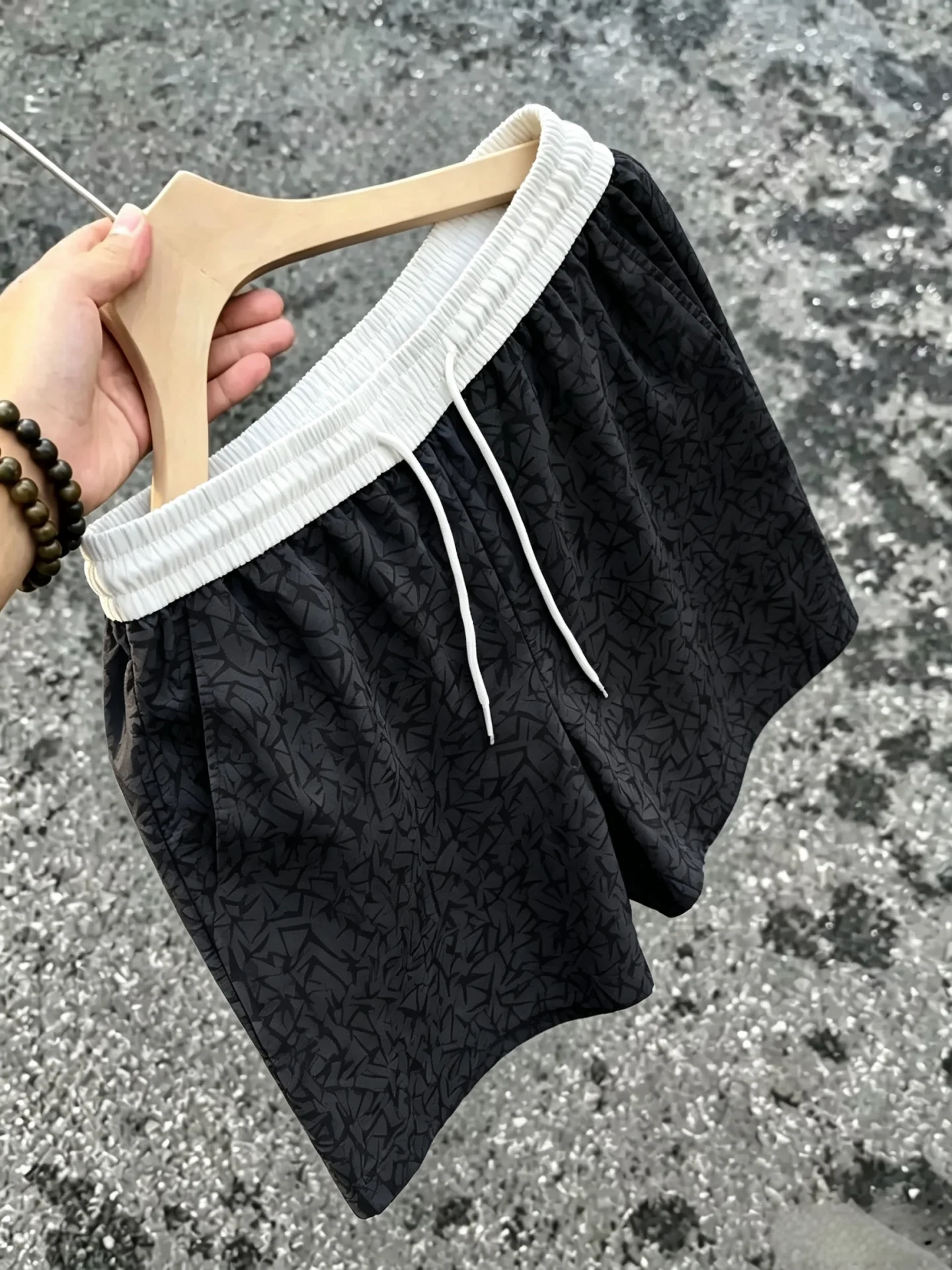 American Retro Themed Ice Silk Men's Shorts Summer Thin Color Block Belt Design Five-Quarter Length Casual Loose Fit mid Waist