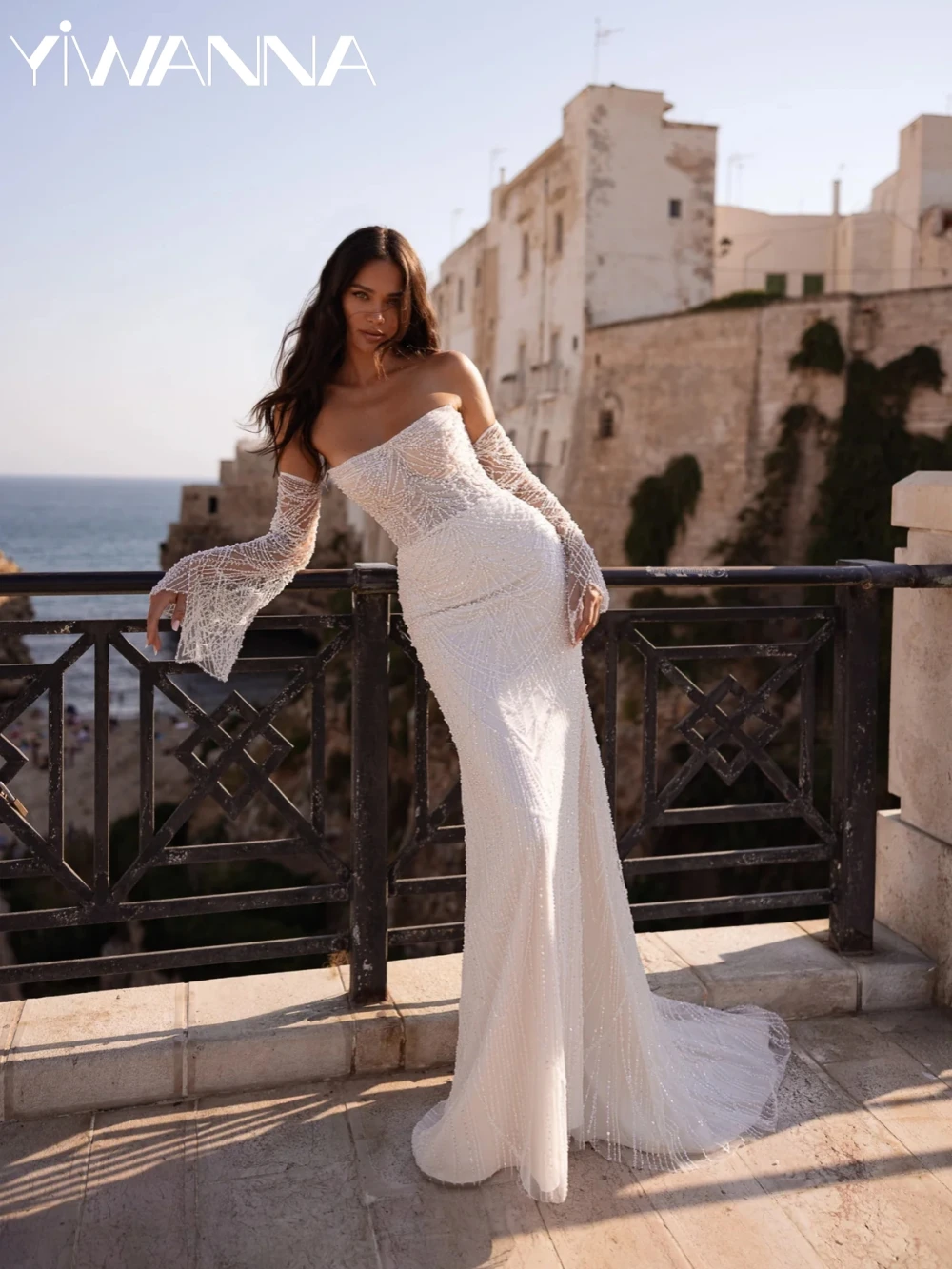 

Detachable Sleeve Embroidery Lace Long Wedding Dress Shiny Pearls Mermaid Bridal Gown Customized Ivory Tulle Dresses For Bride