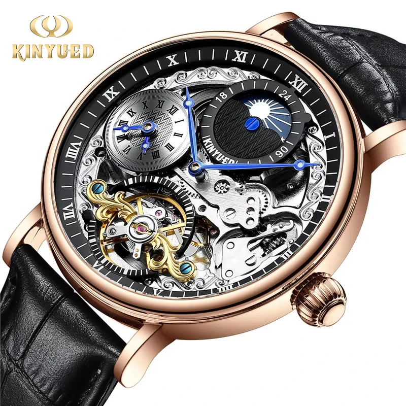 KINYUED Men Watches Automatic Mechanical Watch Dual Time Zone Tourbillon Clock Leather Waterproof Watch Men Military Wristwatch