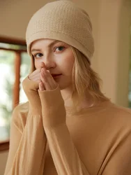 100% Cashmere Beanies Women Unibody Seamless Knitted Double Layers Caps Thick Hat Autumn Winter Real Cashmere Warm Hair Bonnet