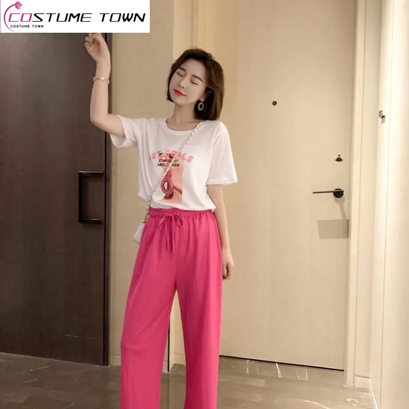 

2023 Summer Korean Edition New Short Sleeve T-shirt Women's Casual Loose Wide Leg Pants Slim Two Piece Women's Set