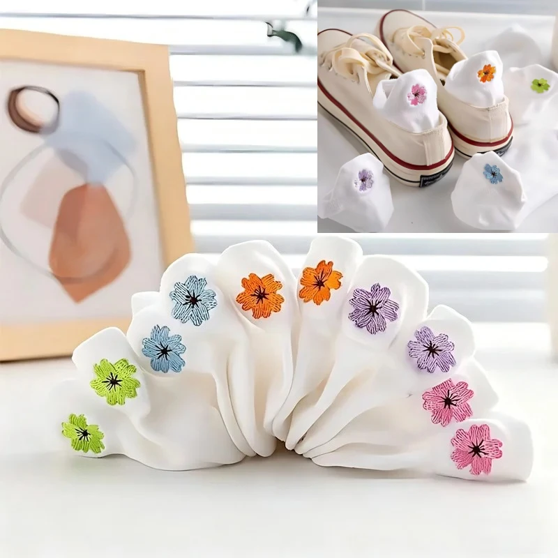 5/10 Paar japanische Socken mit Kirschblüten-Stickerei, unsichtbare Bootssocken für Damen, dünn, für Frühling und Sommer, rutschfeste Mädchen-Knöchelsocken