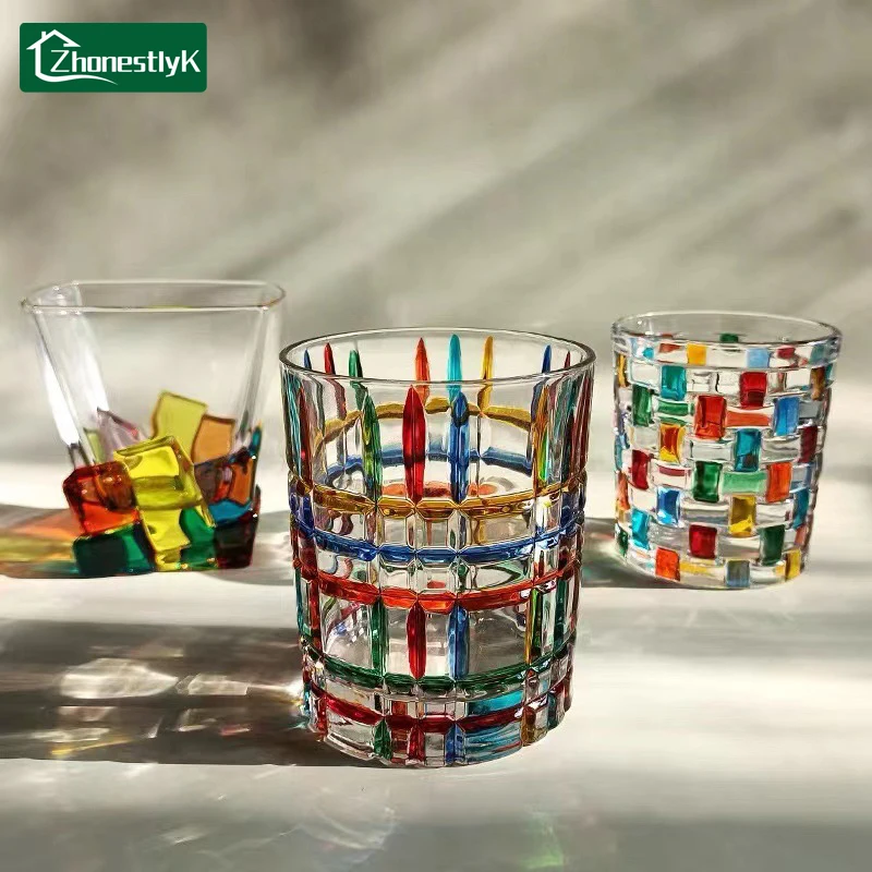 Hand Drawn Colored Transparent Glass Beer Mug Coffee Milk Water Cup Beer Juice Cold Drink Cups Wine Glasses Gift Home Drinkware