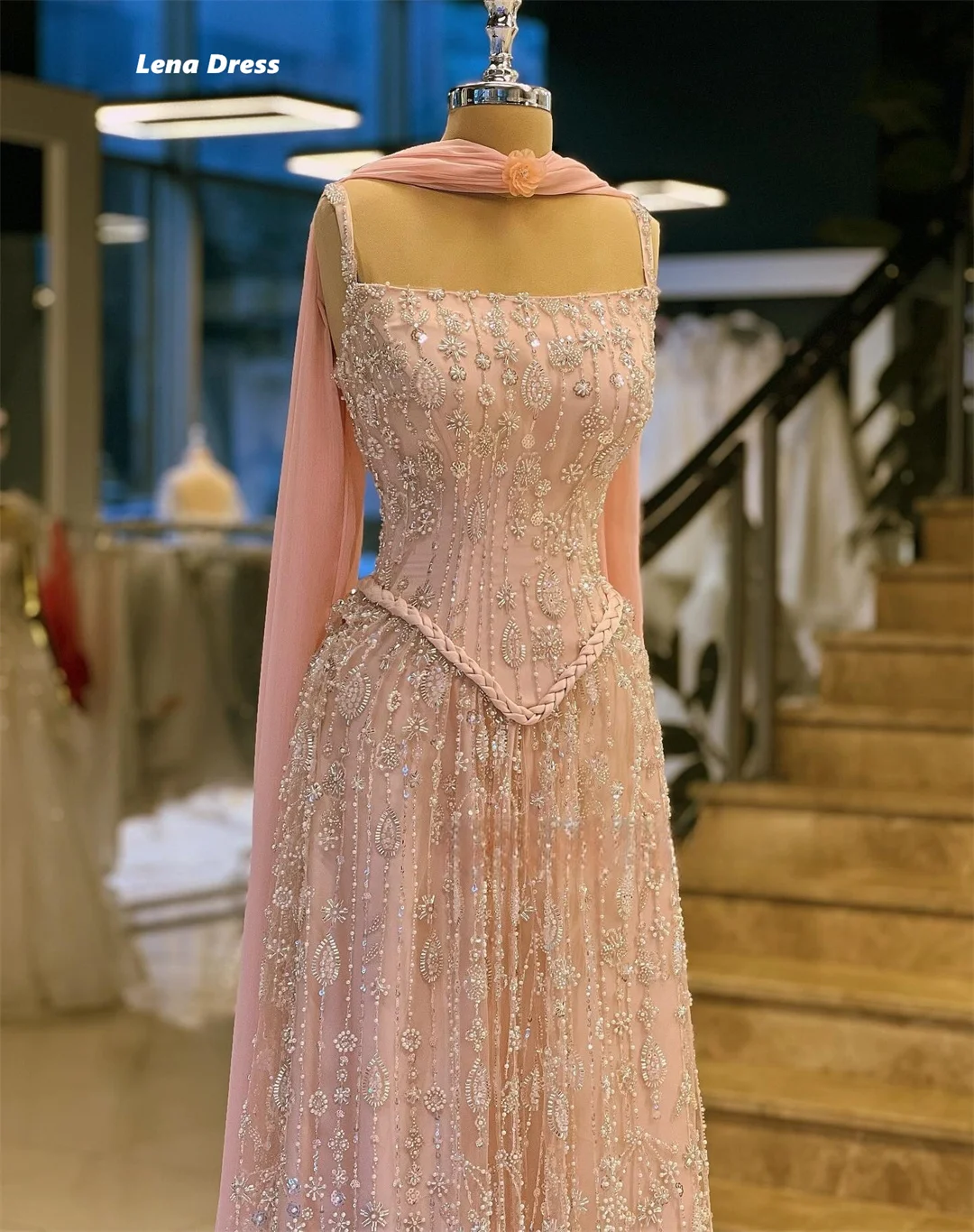 Suknia balowa Lena, sukienki na studniówkę z koralikami 2025, luksusowe suknie wieczorowe damskie, elegancka szata z szalem, suknia wieczorowa, koronka, szyta na miarę, linia A, długa