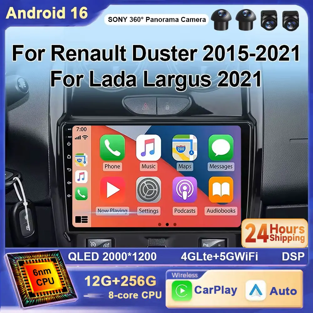 For Renault Duster 2014 2015 2016 2017 -2020 Android 16 Carplay Car Radio Navigation GPS Multimedia Player Stereo WiFi+4G DSP BT