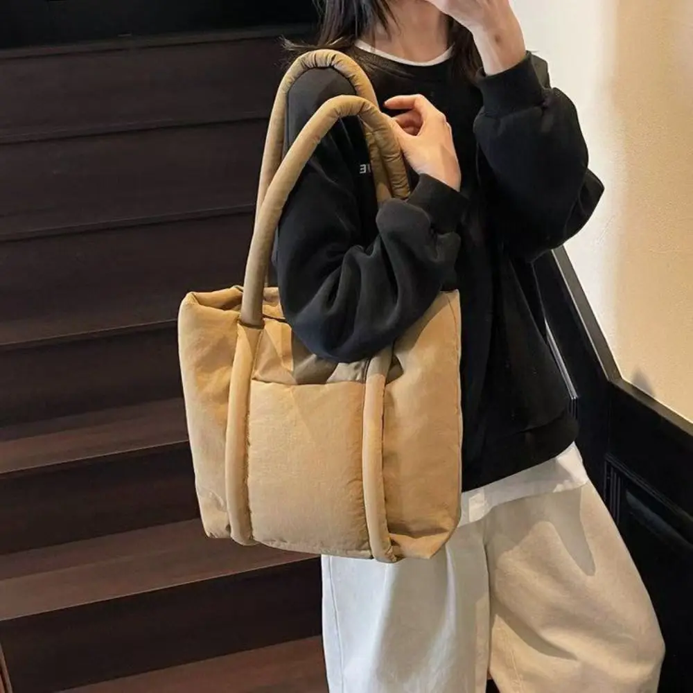

Korean Style Down Cotton Shoulder Bag Solid Color Lightweight Cotton-padded Tote Bag Space Cotton Large Capacity