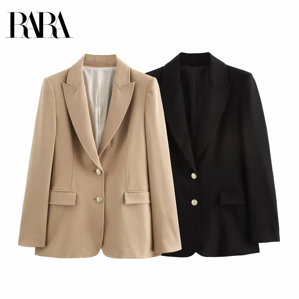 

RARA 2024 Women's Slim Fit Suit Jacket Solid Color Casual Commuting Gold Button Detail Flap Pocket Versatile Fashion