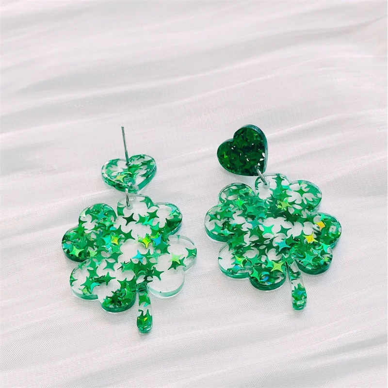 St. Patrick's Day Fashion Women's Acrylic green Four-leaf flower earrings go out casual elegant shiny earrings