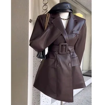 Kahve Rengi Blazer Retro Güzel PU Deri Bağcıklı Ceket Ins kadın Sonbahar Yeni High-End Duygu Bel Cinching Takım Elbise Ceket