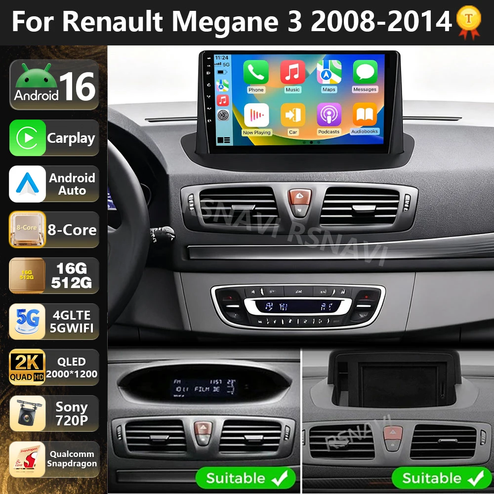 Radio Multimedia Qualcomm Android 16 para Renault Megane 3 RS Fluence Samsung SM3 2008 - 2014, Reproductor Estéreo para Auto con CarPlay, WiFi