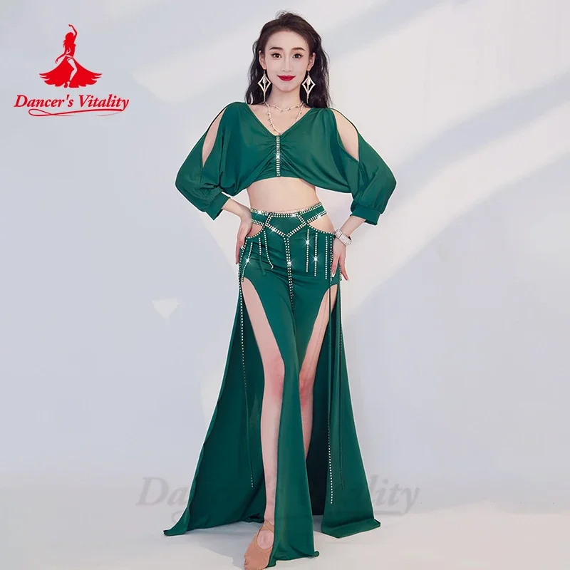 Belly Dance Performance Costume Set Women Half Sleeves Top+AB Stones Long Skirt 2pcs for Girl\'s Oriental Belly Dancing Outfit