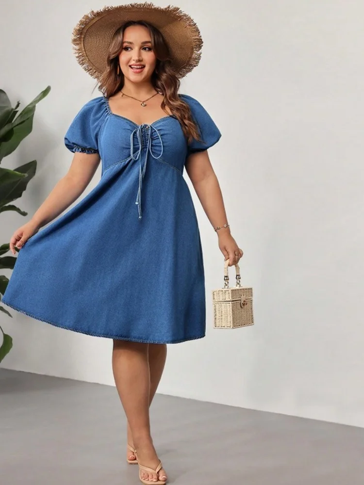 

Wmstar Plus Size Denim Dresses Women Wholesale New European American Summer Short Sleeved Elastic Mid Length Dress Elegant Woman