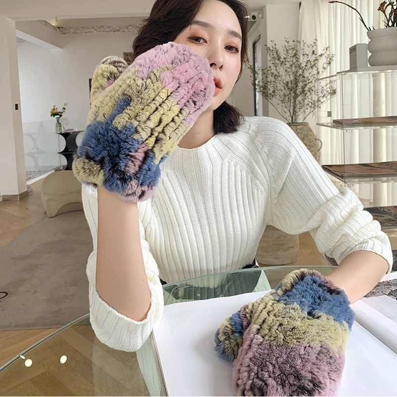 Lady Real Fur Gloves Handmade Good Elastic Knitted 100% Natural Rex Rabbit Fur Mittens Girls Winter Warm Soft Genuine Fur Glove