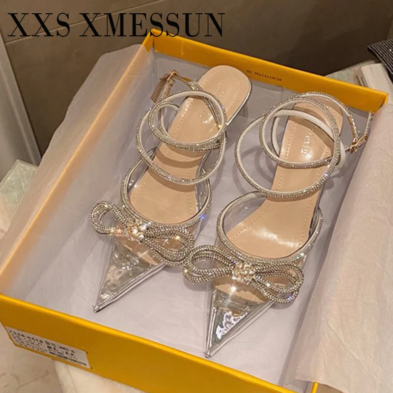 

XXS XMESSUN 2026 New Fashion Glitter Rhinestones Women Pumps Crystal Bowknot Silk Pointed Toe Strap Thin High Heels Party Shoes