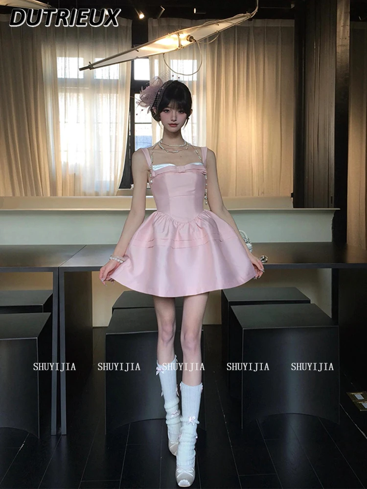

2025 New Pink Bow Splicing Short Dress Female Waist and Thin Puffy Summer Sweet and Cute Women's Spaghetti Strap Dresses